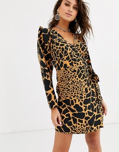 Платье мини с запахом и анималистичным принтом ASOS DESIGN-Мульти