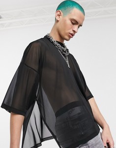Сетчатая свободная футболка с рукавами до локтя и разрезами по бокам ASOS DESIGN-Черный