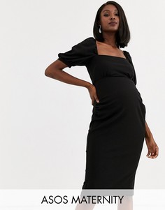 Платье миди с квадратным вырезом и пышными рукавами ASOS DESIGN Maternity-Черный