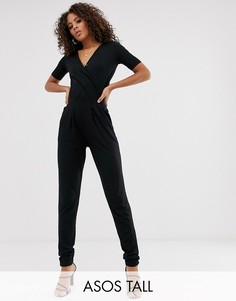 Трикотажный комбинезон с запахом и короткими рукавами ASOS DESIGN Tall-Черный