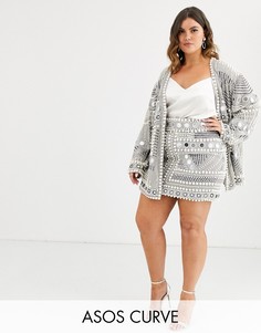 Мини-юбка с зеркальной отделкой и искусственным жемчугом ASOS EDITION Curve-Серебряный