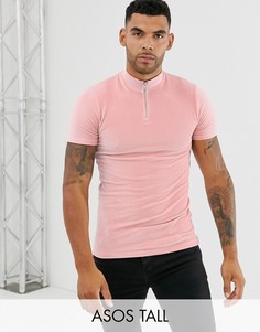 Облегающая велюровая футболка в рубчик с воротом на молнии ASOS DESIGN Tall-Розовый