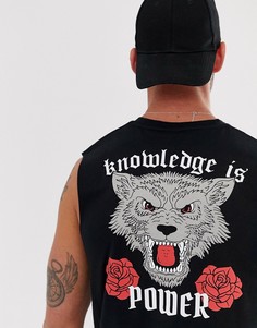Свободная футболка без рукавов с принтом волка на спине ASOS DESIGN-Черный