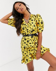 Атласное чайное платье мини с присборенной юбкой и цветочным принтом ASOS DESIGN-Мульти