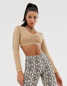 Кроп-топ с длинными рукавами и треугольным вырезом ASOS DESIGN-Светло-бежевый