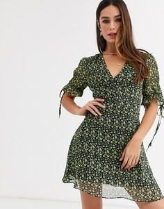 Чайное платье мини с завязками на рукавах и цветочным принтом Glamorous-Черный