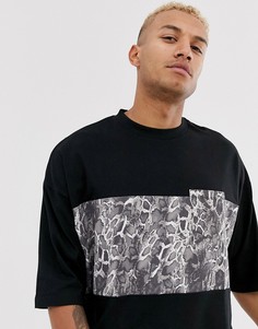 Oversize-футболка из органического хлопка со звериным принтом на вставке и кармане ASOS DESIGN-Черный
