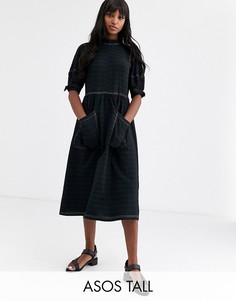 Свободное фактурное платье миди с завязками на рукавах ASOS DESIGN Tall-Черный