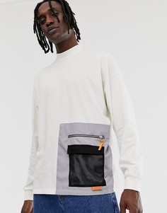 Бежевая oversize-футболка с длинным рукавом и сетчатыми карманами ASOS DESIGN-Бежевый