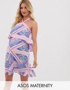 Розовое ярусное пляжное платье с высоким воротом и принтом ASOS DESIGN Maternity-Мульти