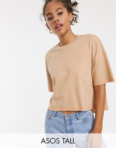 Бежевая укороченная oversize-футболка со ступенчатой кромкой и контрастной строчкой ASOS DESIGN Tall-Бежевый