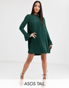Платье-трапеция мини со складками и длинными рукавами ASOS DESIGN Tall-Зеленый