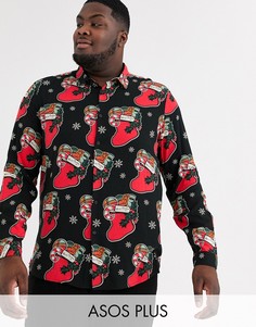 Рубашка классического кроя с длинным рукавом и принтом новогоднего носка ASOS DESIGN Plus-Черный