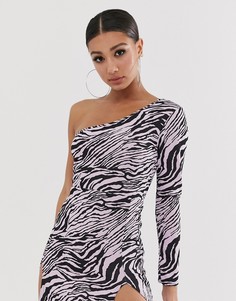 Лиловое облегающее платье мини на одно плечо с принтом \зебра\" Missguided-Синий