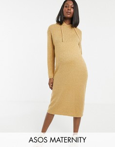 Платье миди из искусственного меха с капюшоном ASOS DESIGN Maternity-Светло-бежевый