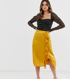 Золотистая атласная юбка миди с оборкой Missguided-Золотой