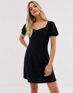 Черное платье с вышивкой ришелье и пуговицами New Look-Черный