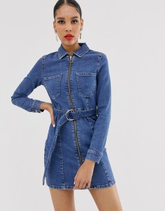 Синее джинсовое платье-рубашка Bershka-Синий