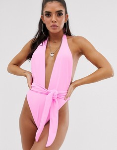 Розовый слитный купальник с высоким вырезом по бедру ASOS DESIGN