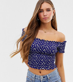 Кроп-топ в цветочек с открытыми плечами и сборками Glamorous-Темно-синий