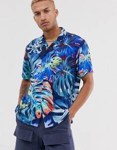 Рубашка с короткими рукавами и разноцветным лиственным принтом Bershka-Мульти