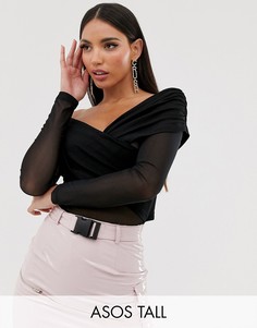 Черное боди с открытыми плечами, запахом и сетчатыми рукавами ASOS DESIGN Tall-Черный