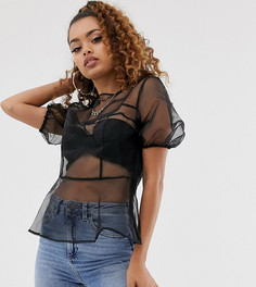 Прозрачный топ из органзы с короткими рукавами и строчкой ASOS DESIGN Petite-Черный