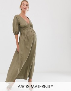 Льняное платье макси на пуговицах с перекрестами на спине ASOS DESIGN Maternity-Зеленый