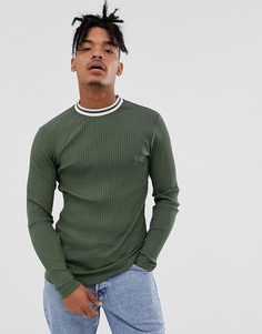 Футболка с длинными рукавами в рубчик с отделкой ASOS DESIGN-Коричневый