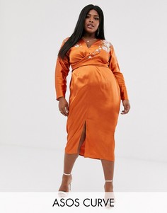 Атласное платье миди с рукавами \летучая мышь\" и вышивкой ASOS DESIGN Curve-Оранжевый