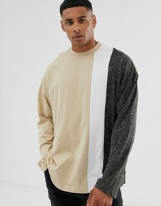 Oversize-футболка колор блок с длинным рукавом из ткани с добавлением льна ASOS DESIGN-Бежевый
