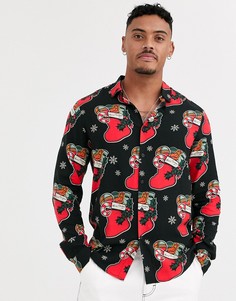 Рубашка классического кроя с длинными рукавами и принтом ASOS DESIGN-Черный