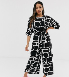 Комбинезон с поясом и монохромным геометрическим принтом ASOS DESIGN Petite-Мульти