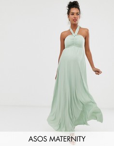 Плиссированное платье макси с узлом ASOS DESIGN Maternity-Зеленый