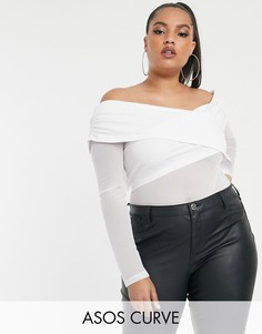 Белое боди с открытыми плечами и сетчатыми рукавами ASOS DESIGN Curve-Белый