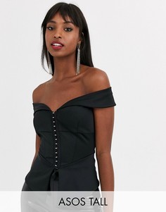 Черный топ с открытыми плечами, баской и застежкой на крючки ASOS DESIGN Tall