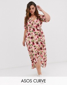 Платье макси с запахом, оборкой и цветочным принтом ASOS DESIGN Curve-Мульти