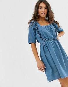 Синее джинсовое платье свободного кроя с квадратным вырезом и оборками ASOS DESIGN-Синий