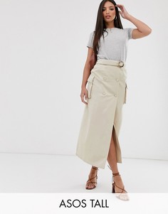 Светло-бежевая двубортная джинсовая юбка миди с пряжкой ASOS DESIGN Tall-Светло-бежевый