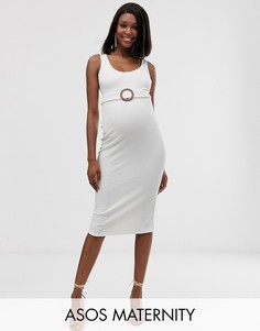 Фактурное платье миди с деревянным кольцом на ремне ASOS DESIGN Maternity-Белый