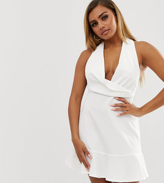 Короткое приталенное платье миди с халтером и баской ASOS DESIGN Petite-Белый