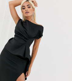Платье миди с защипами и оборкой ASOS DESIGN Petite-Черный
