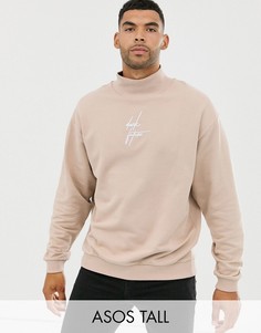 Бежевый oversize-свитшот с воротником-стойкой и вышивкой ASOS DESIGN Tall