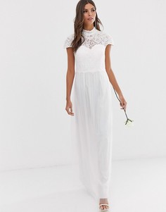 Платье макси с кружевным лифом и высоким воротом Little Mistress bridal-Белый