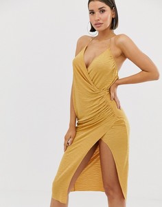 Фактурное платье миди на бретельках с глубоким вырезом и разрезом ASOS DESIGN-Мульти