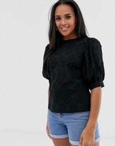 Топ с вышивкой ришелье и объемными короткими рукавами ASOS DESIGN-Бесцветный