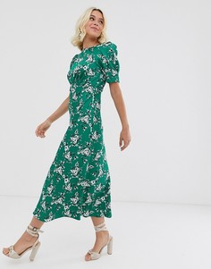Зеленое чайное платье миди с цветочным принтом ASOS DESIGN-Мульти
