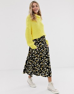 Желтая юбка миди на пуговицах с карманами и цветочным принтом ASOS DESIGN-Мульти