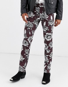 Бордовые облегающие брюки с цветочным принтом Twisted Tailor-Красный