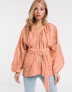 Топ с вышивкой ришелье и поясом ASOS DESIGN-Светло-коричневый